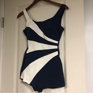 Real Vintage Navy Blue & White Striped Bathing Suit Swimsuit Skirt Built-in Bra